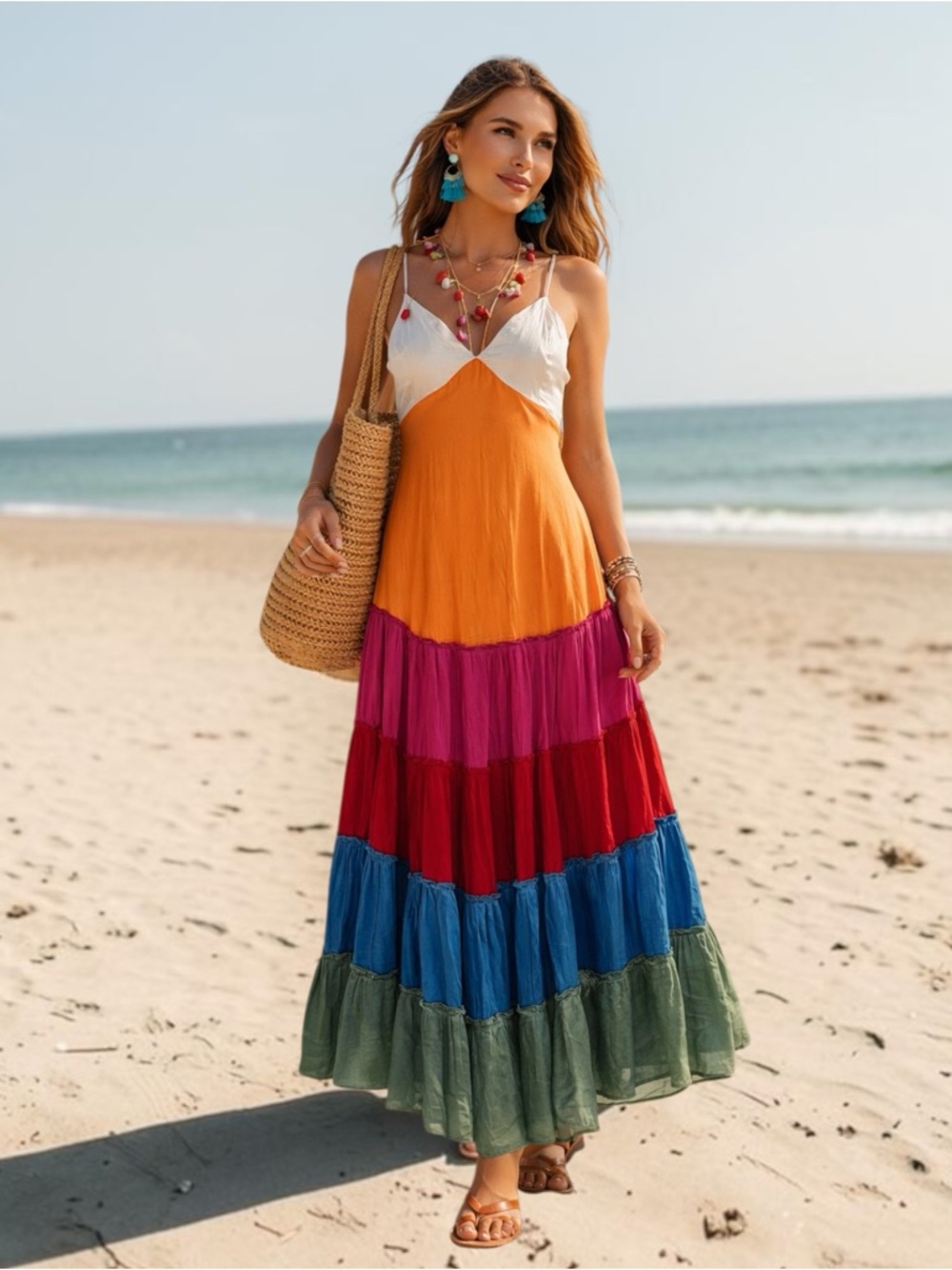 $198 Anthropologie Rainbow V-Neck Vibrant Tiered Skirt Bohemian Maxi Dress Sz XS